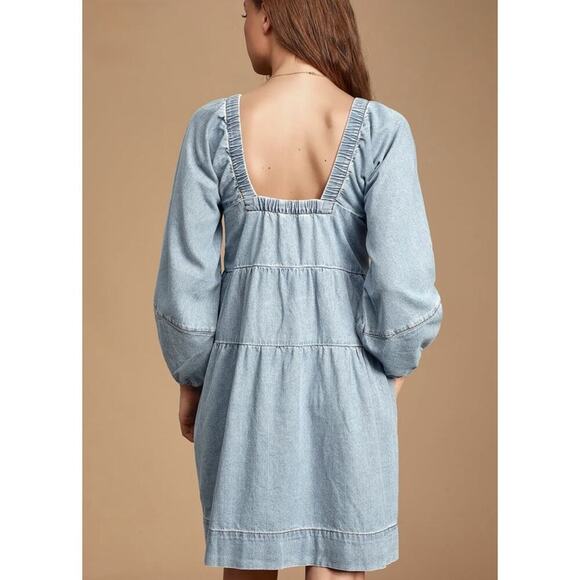 Free People Denim Babydoll Dress Women XS Light Blue Square Neck Balloon Sleeves - Picture 9 of 16